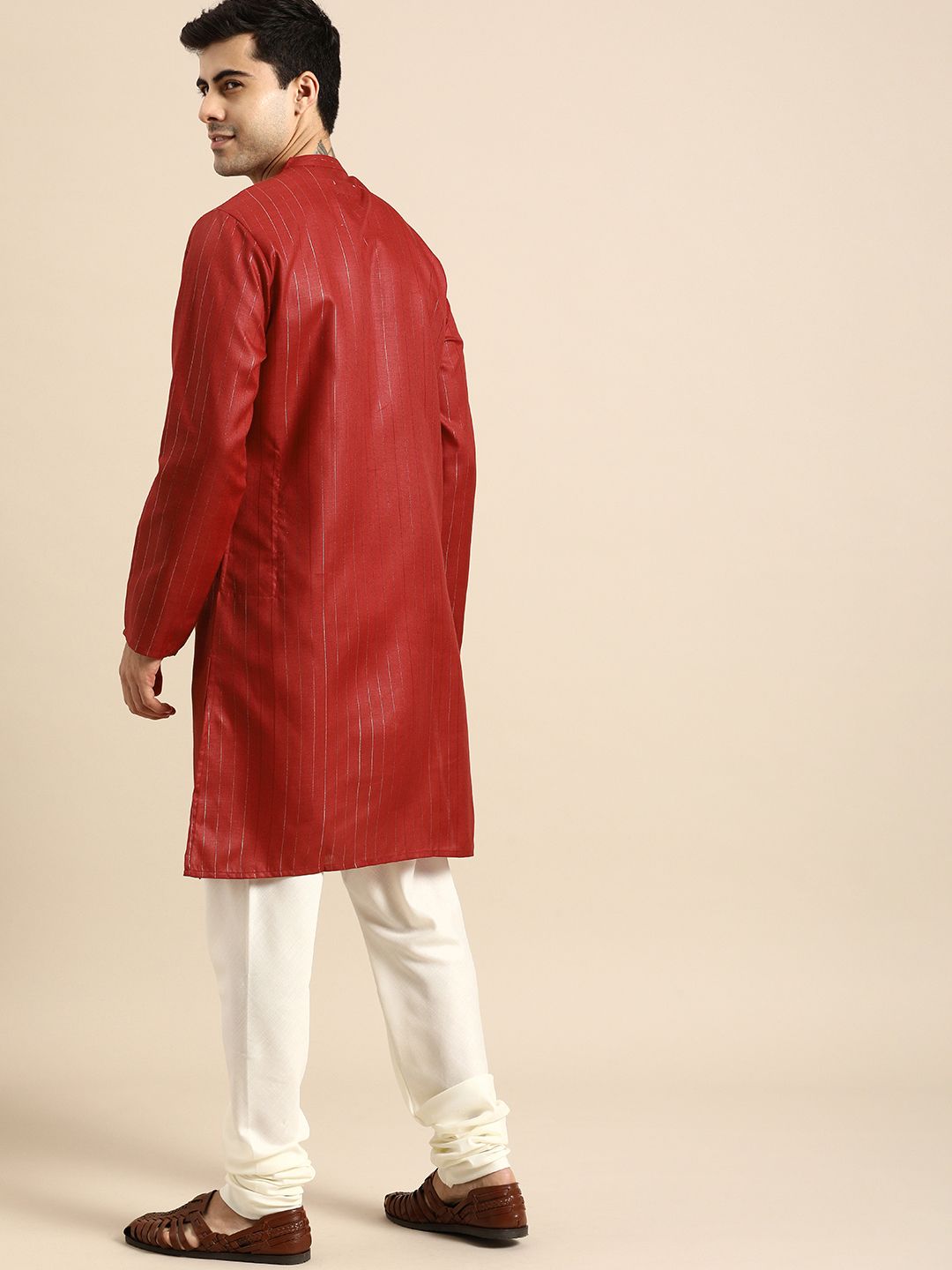 Anouk Men Red & Gold-Coloured Striped Straight Kurta