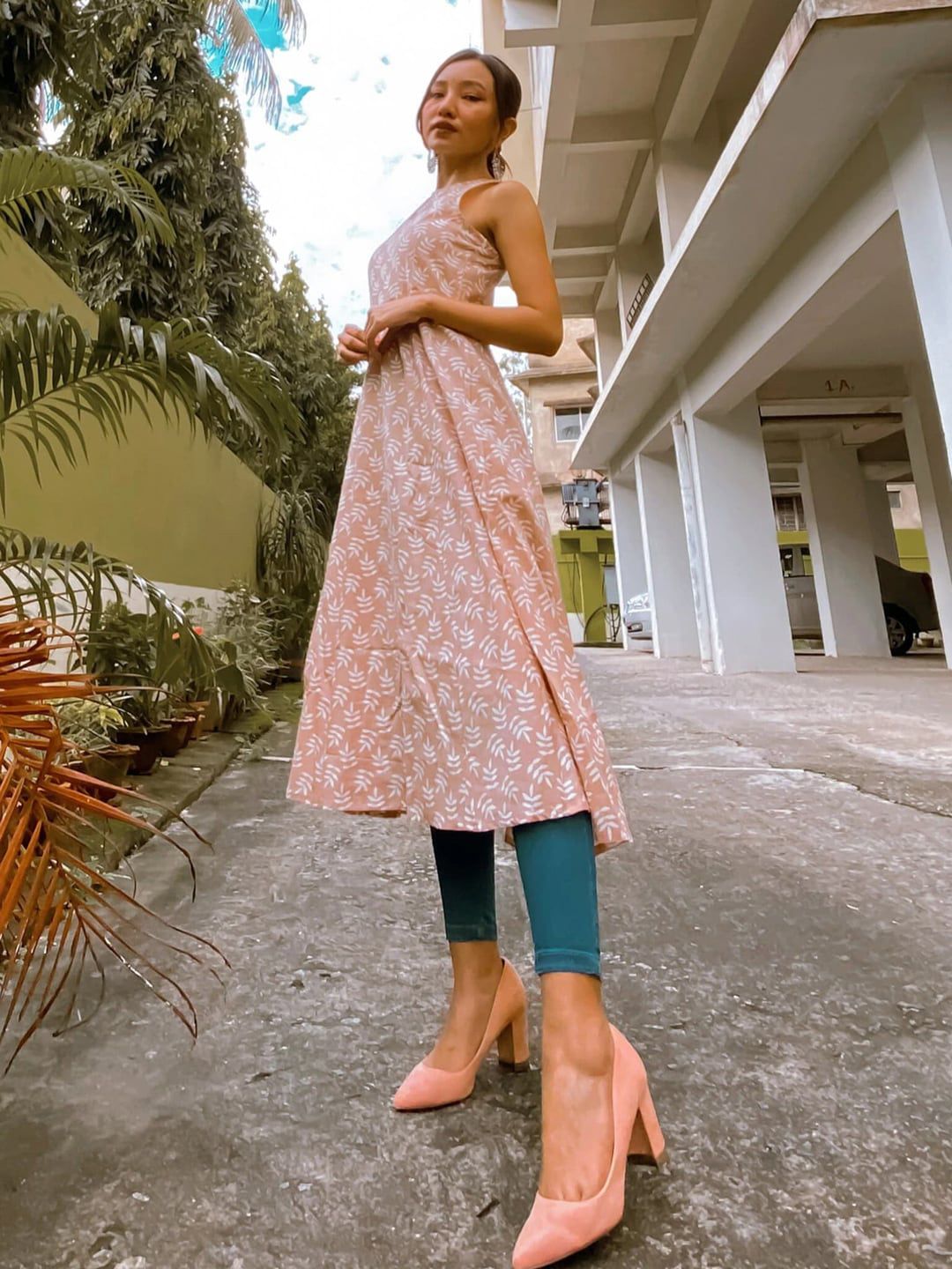 Shae by SASSAFRAS Women Peach-Coloured & White Printed A-Line Kurta