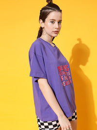 STREET 9 Women Lavender Typography Printed Drop-Shoulder Sleeves Bio Finish Oversized T-shirt