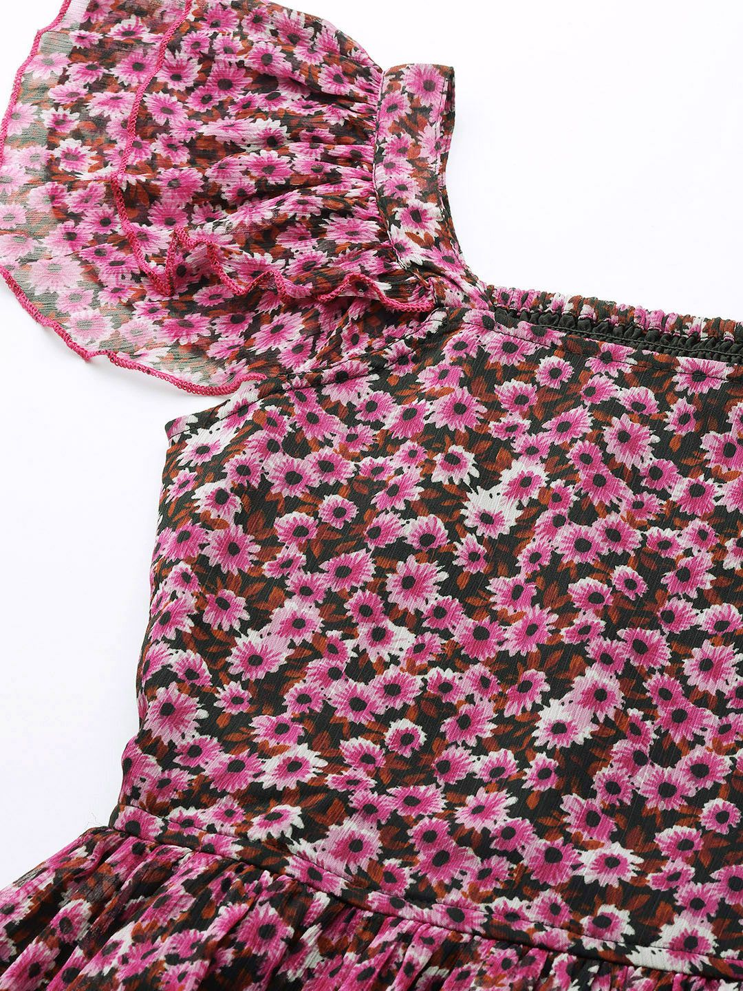 Antheaa Women Floral Printed Fit and Flare Tiered Dress With Smocked Detail