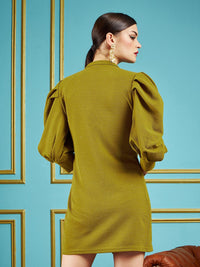 SASSAFRAS Olive Green Self Design V-Neck Puff Sleeves Self Design