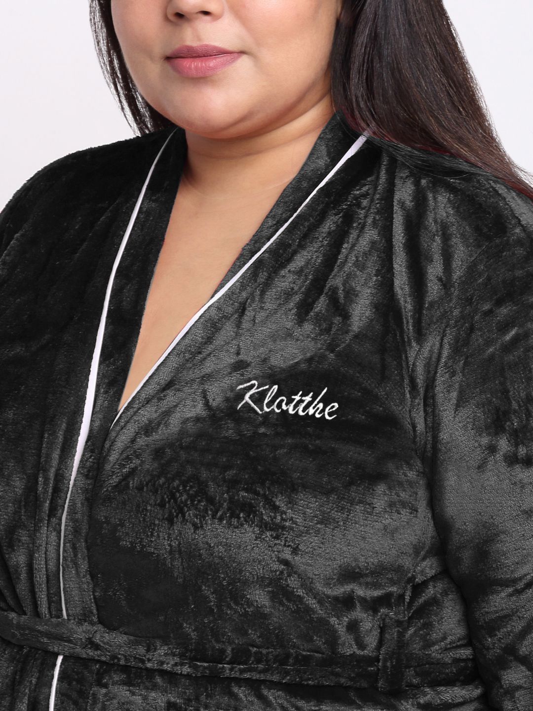 KLOTTHE Plus Size Black Woollen Bath Robe With Belt