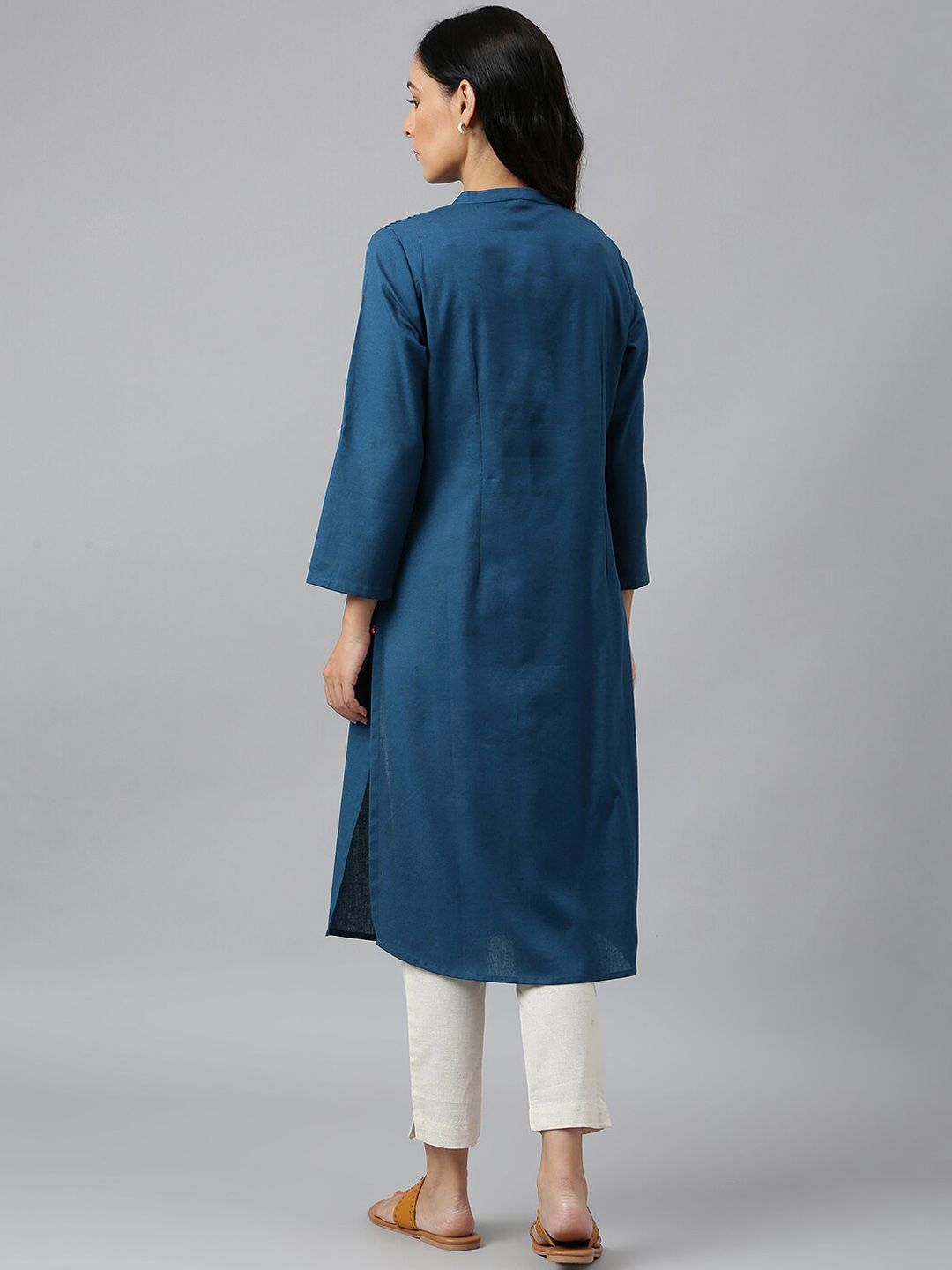 W Blue Mandarin Collar Roll-Up Sleeves Pathani Kurta
