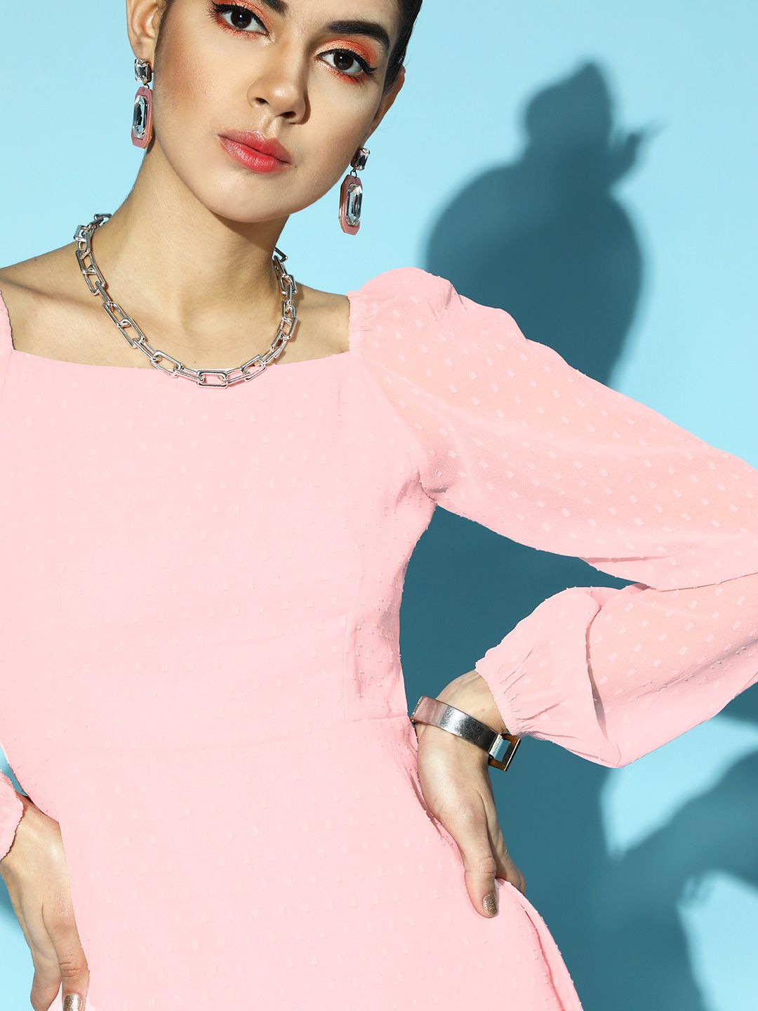 Berrylush Women Pink Striped Bishop Sleeves Dress