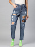 SASSAFRAS Women Blue Cotton Relaxed Fit High-Rise Highly Distressed Stretchable Crop Jeans