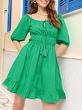 Effortless Cute Cinched Waist Off-Shoulder A-Line Mini Dress