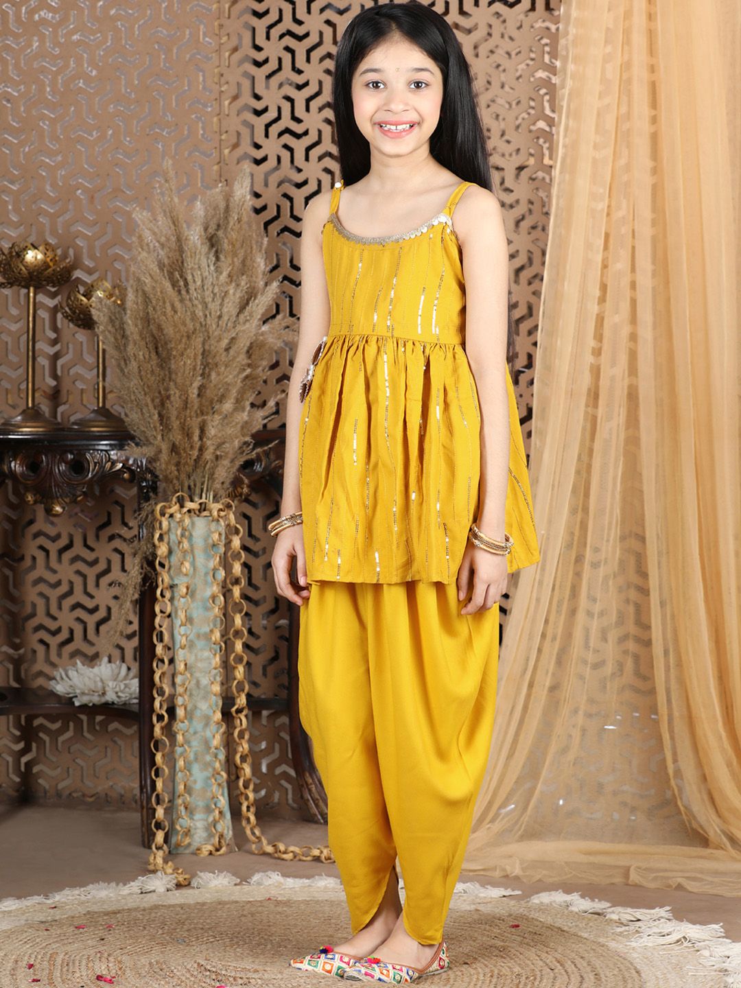 Cutiekins Girls Mustard Yellow Sequinned Peplum Top with Dhoti Pants
