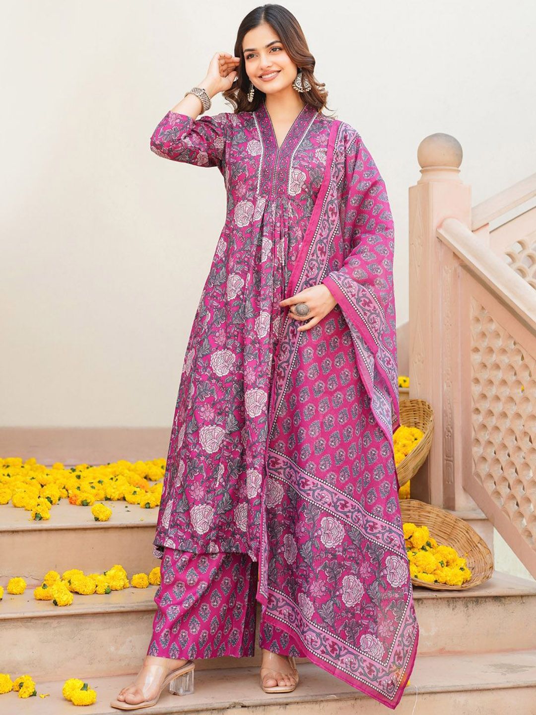 KALINI Women Floral Printed Pleated Kurta with Palazzos & With Dupatta