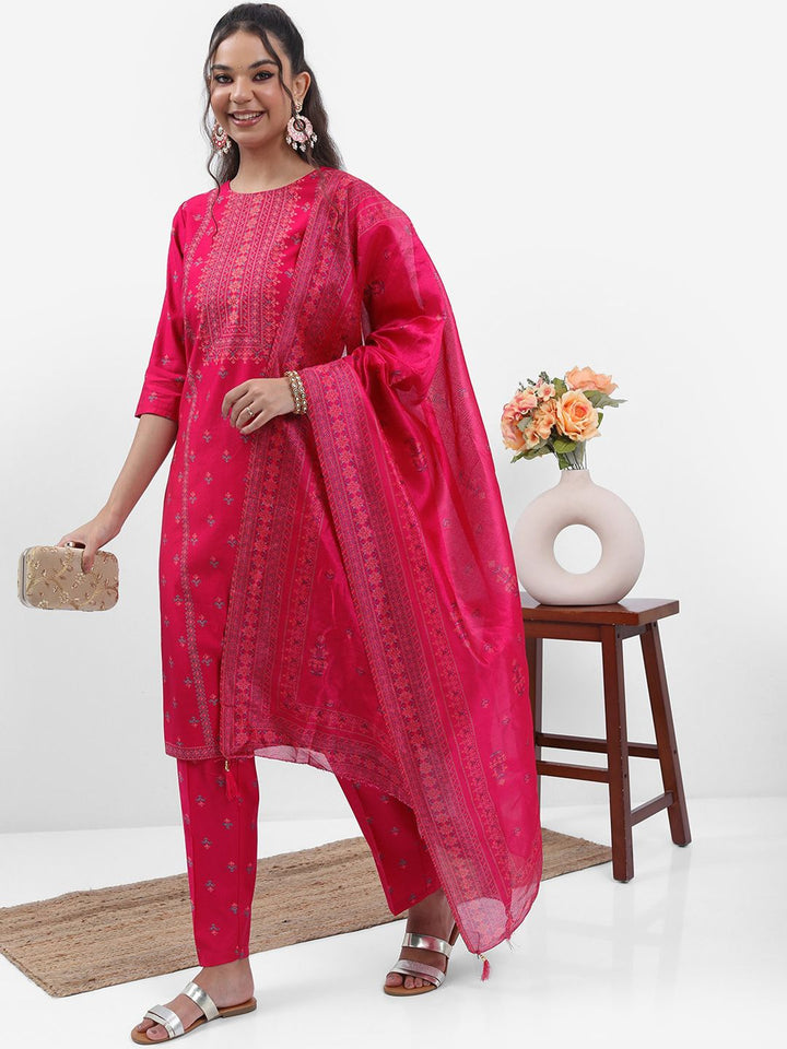 Vishudh Pink & Blue Ethnic Motifs Printed Straight Kurta with Trousers & With Dupatta