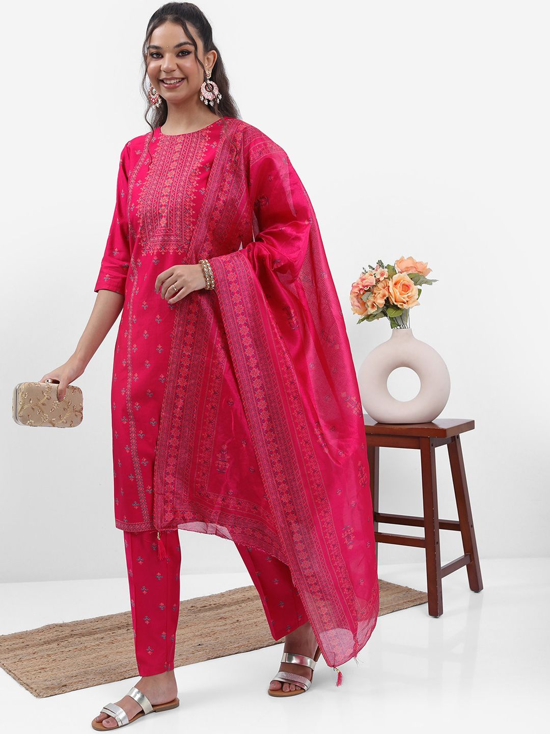 Vishudh Pink & Blue Ethnic Motifs Printed Straight Kurta with Trousers & With Dupatta