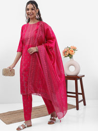 Vishudh Pink & Blue Ethnic Motifs Printed Straight Kurta with Trousers & With Dupatta