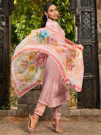 Indo Era V Neck Floral Embroidered Panelled A Line Kurta with Trouser & Dupatta