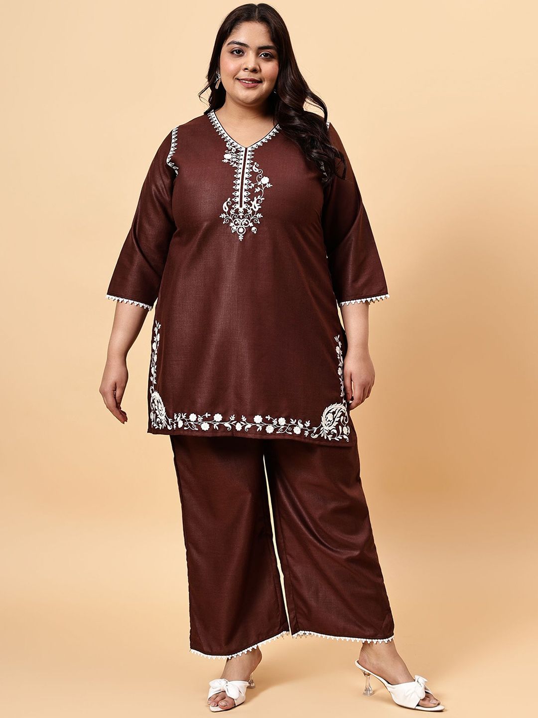 Bani Women Embroidered V Neck Tunic With Flared Palazzos Co-Ords
