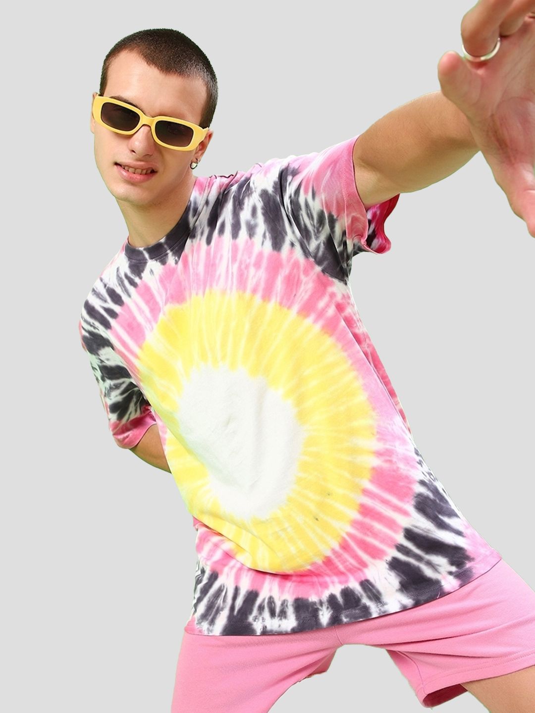 Bewakoof Yellow Tie & Dye Drop-Shoulder Sleeves Pure Cotton Oversized T-shirt