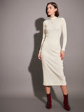 SASSAFRAS Off White Self Design High Neck Sheath Dress