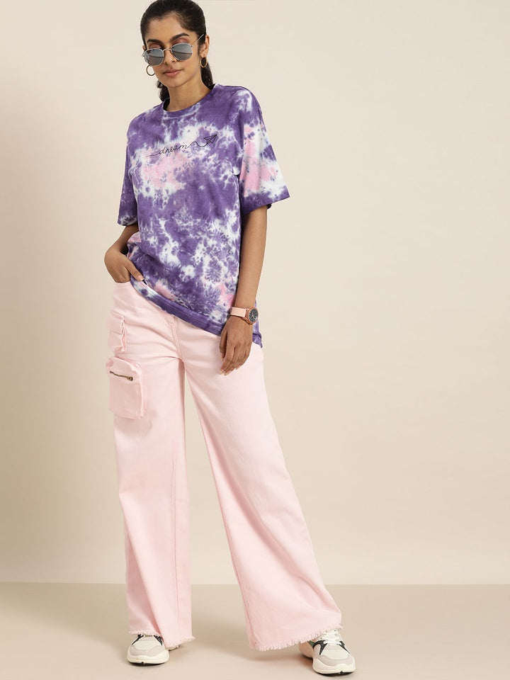 DILLINGER Women Purple  White Tie and Dye Drop-Shoulder Sleeves Oversized Pure Cotton T-shirt
