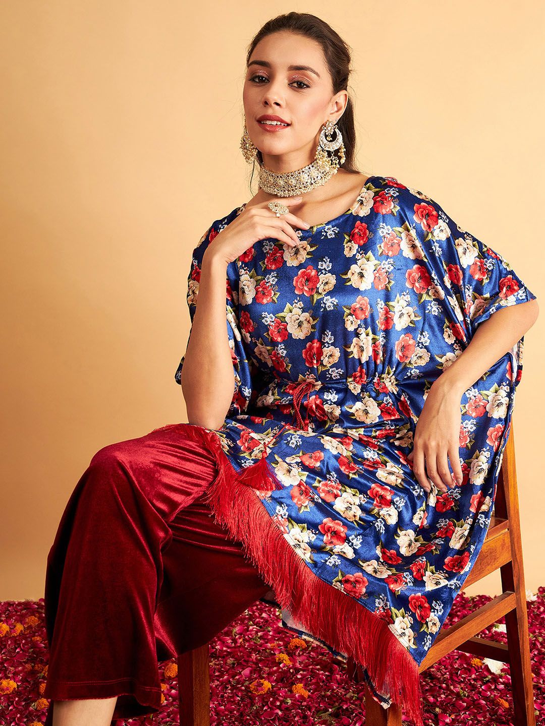 Shae by SASSAFRAS Floral Printed Velvet High Low Kaftan Kurta