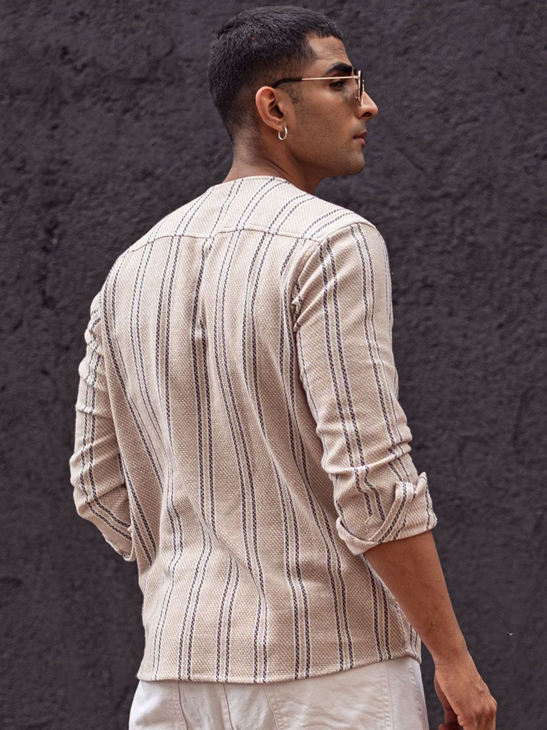 Powerlook Men Collarless Vertical Striped Cotton Casual Shirt