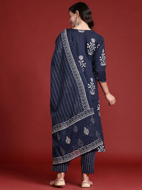 Indo Era Floral Printed Sequinned Pure Cotton Kurta With Trousers & Dupatta