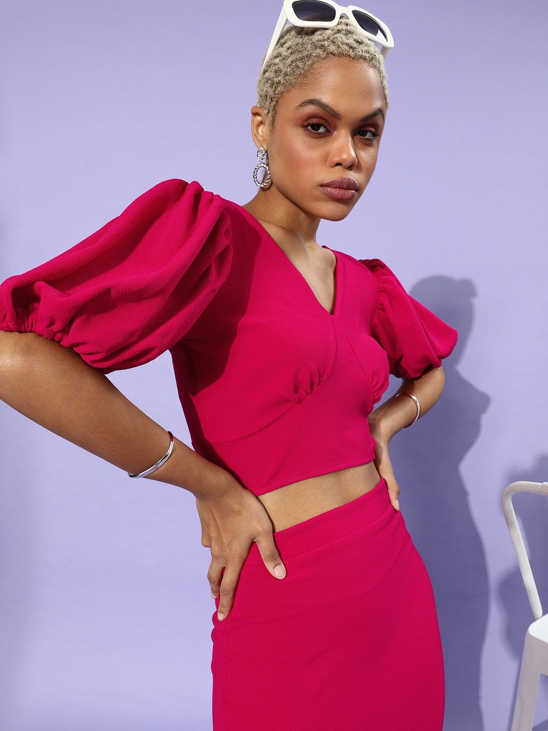 Athena Women Fuchsia Solid Top with Skirt