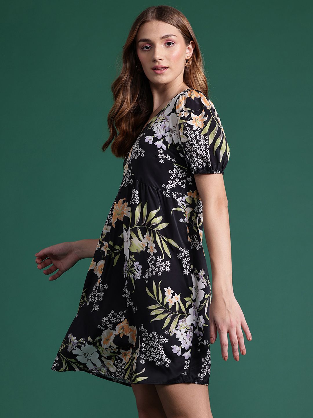 DressBerry Floral Print Puff Sleeve A-Line Midi Dress