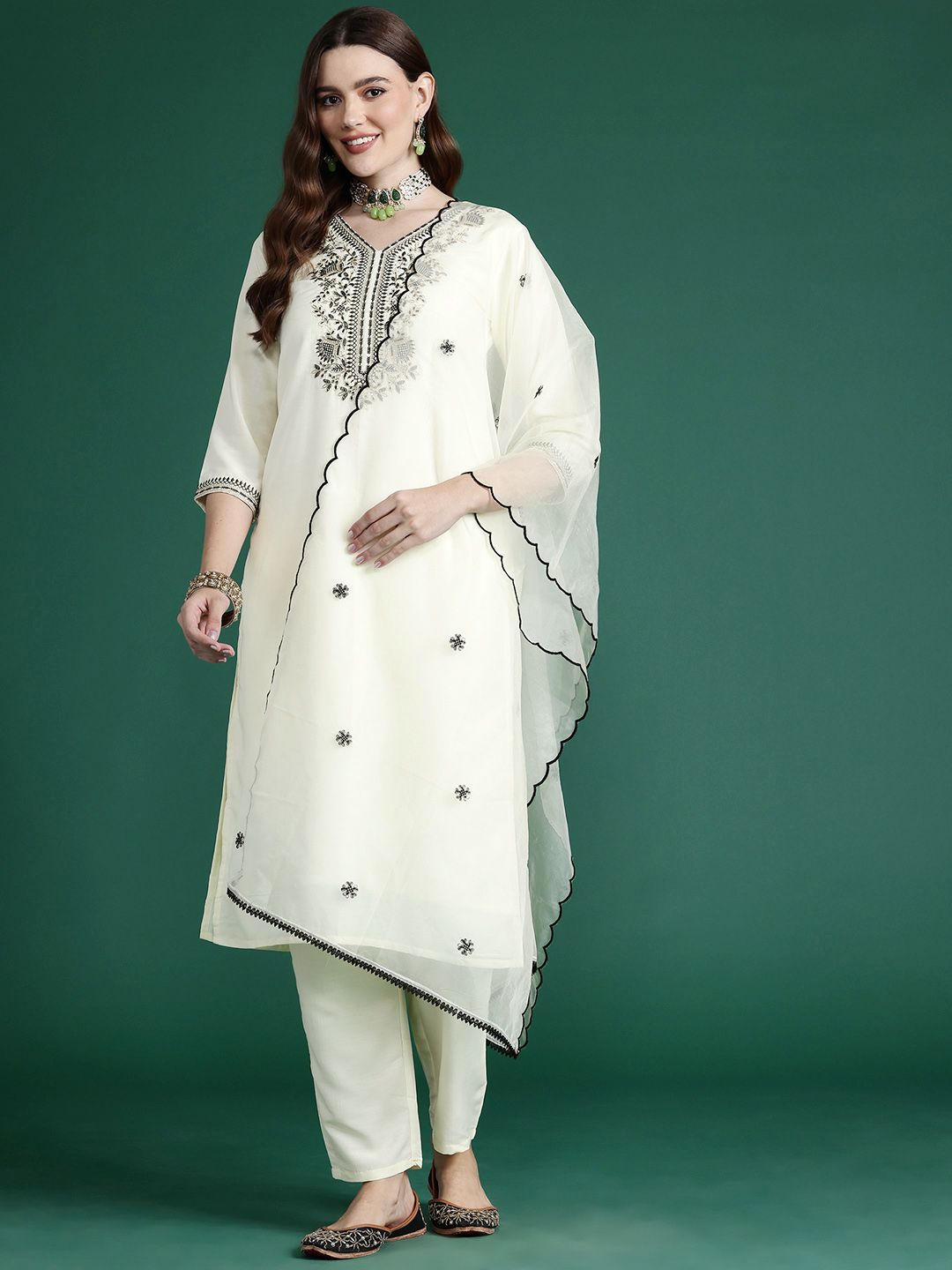 Indo Era Ethnic Motifs Embroidered Zari Kurta With Trousers & Dupatta