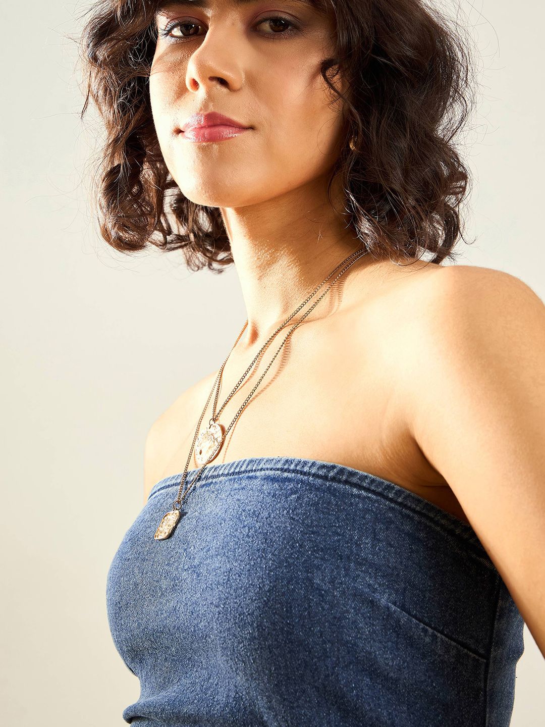 SASSAFRAS Blue Strapless Denim Bodycon Midi Dress