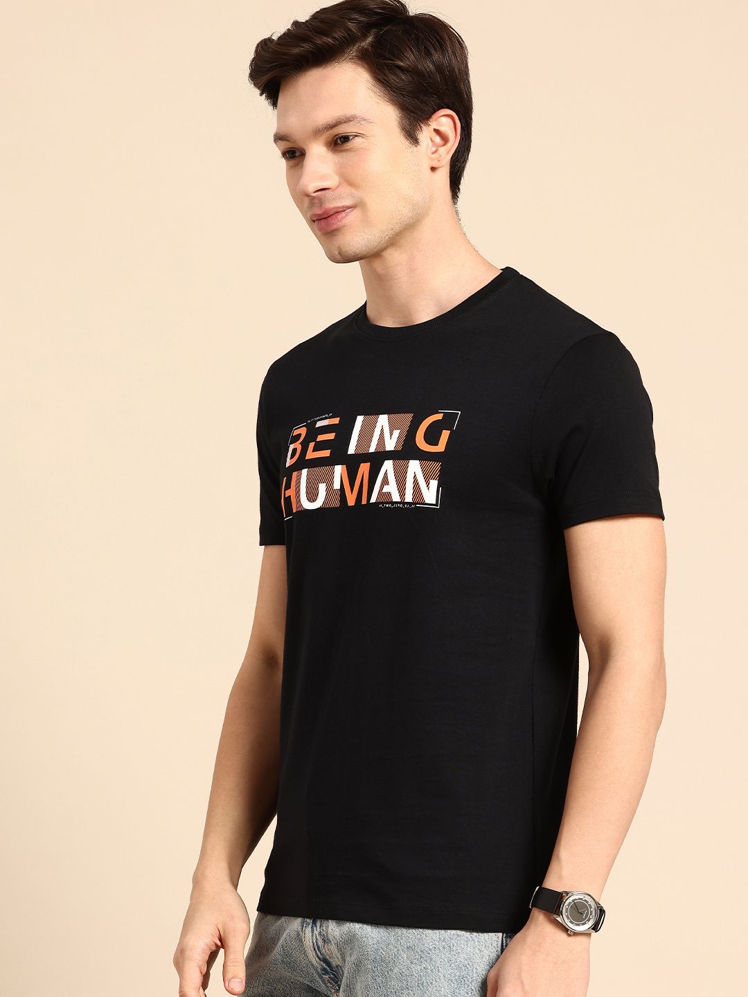 Being Human Brand Logo Printed Pure Cotton Slim Fit T-shirt