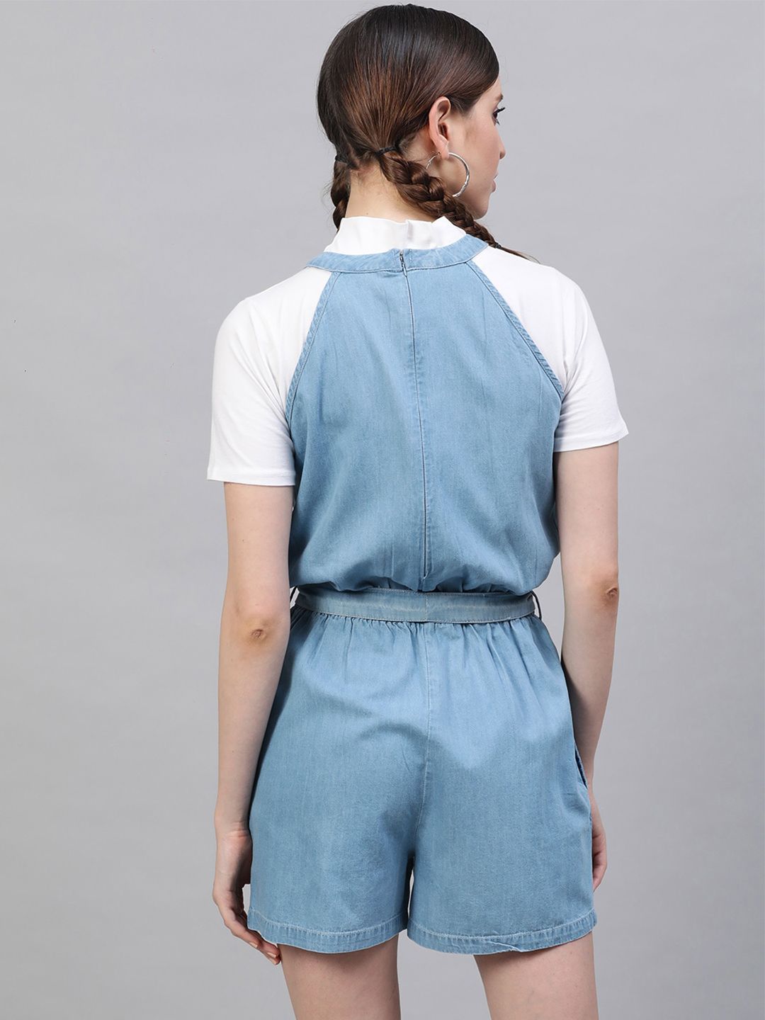 STREET 9 Women Blue Solid Cotton Playsuit