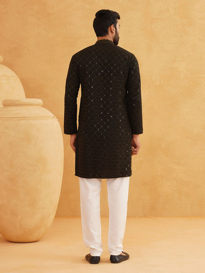 SOJANYA Ethnic Motifs Embroidered Mandarin Collar Sequined Pure Cotton Straight Kurta
