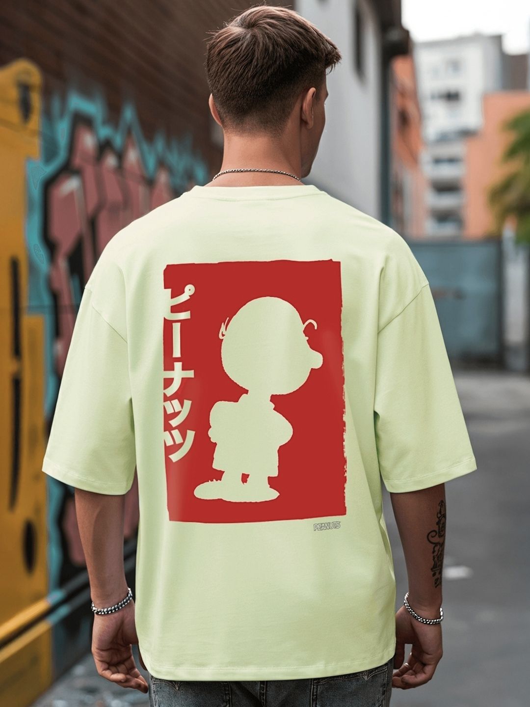 Bewakoof Green Charlie Jap Graphic Printed Oversized T-shirt