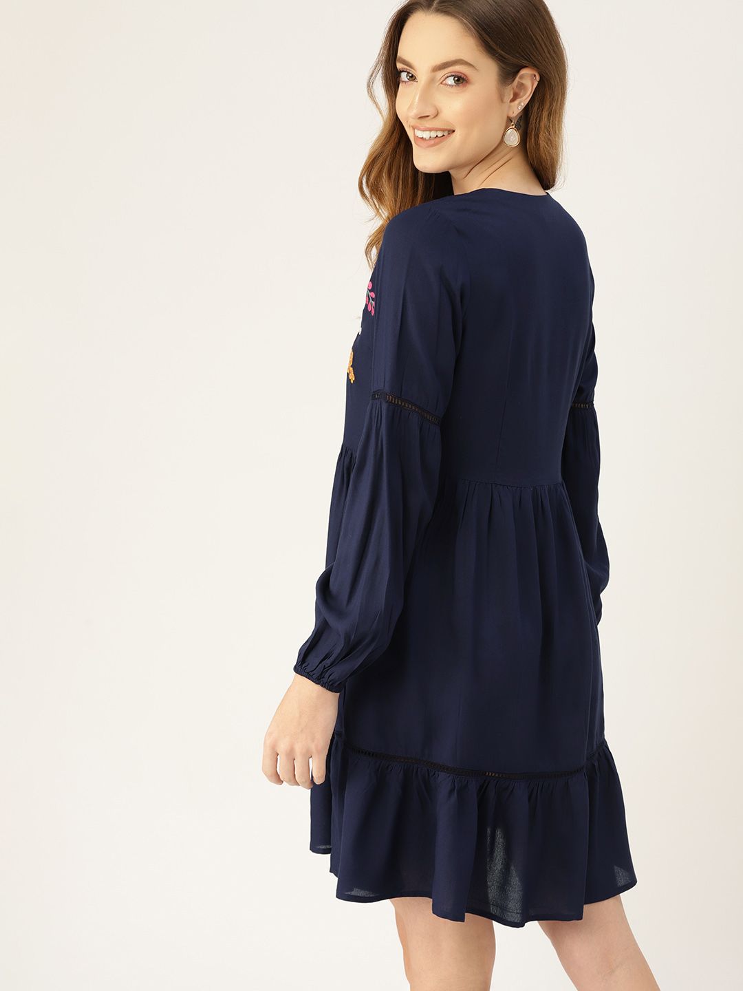DressBerry Navy Blue Embroidered Tiered A-Line Dress