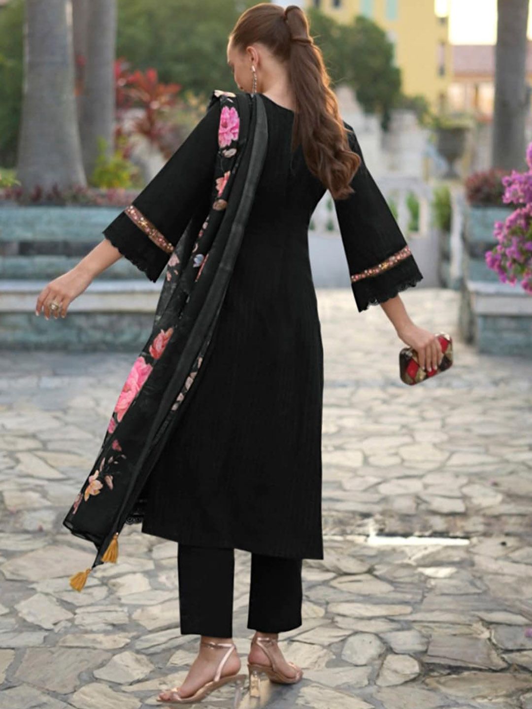 Indo Era Floral Embroidered Regular Thread Work Pure Cotton Straight Kurta Set