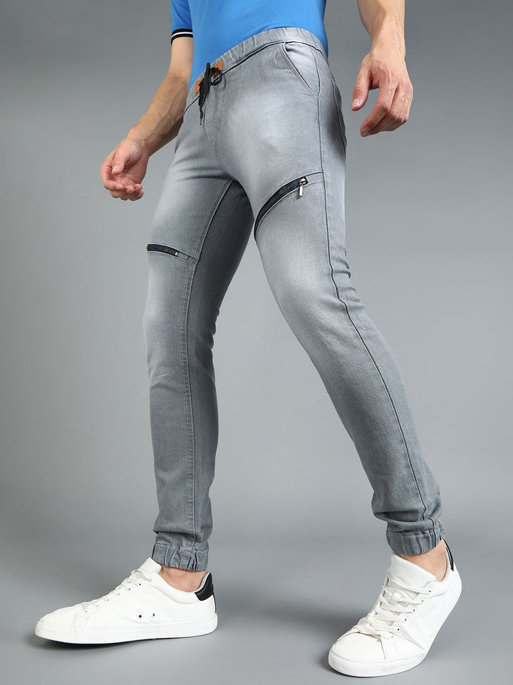 Urbano Fashion Men Grey Jogger Mid-Rise Slash Knee Stretchable Jogger Jeans