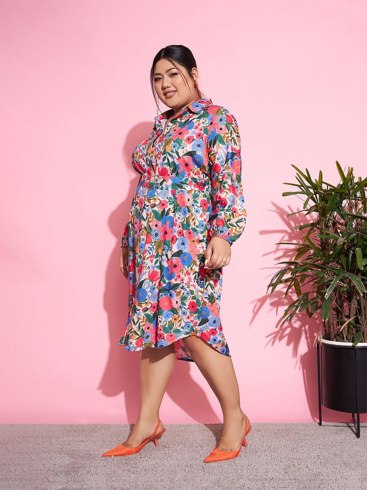 SASSAFRAS Curve Blue & Pink Plus Size Floral Printed Puff Sleeves Belted Shirt Dress