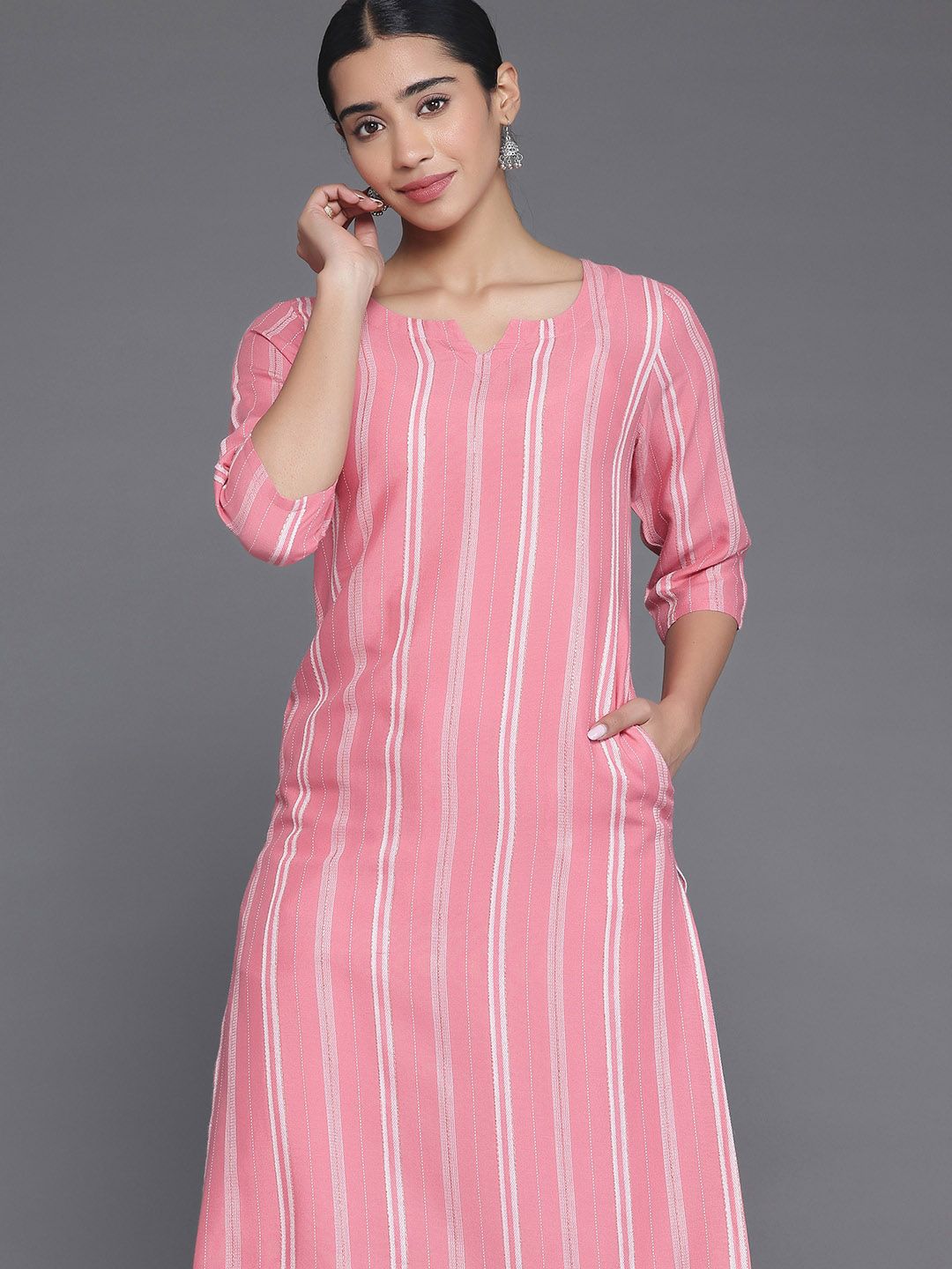 Libas Round Neck Striped Jacquard Kurta