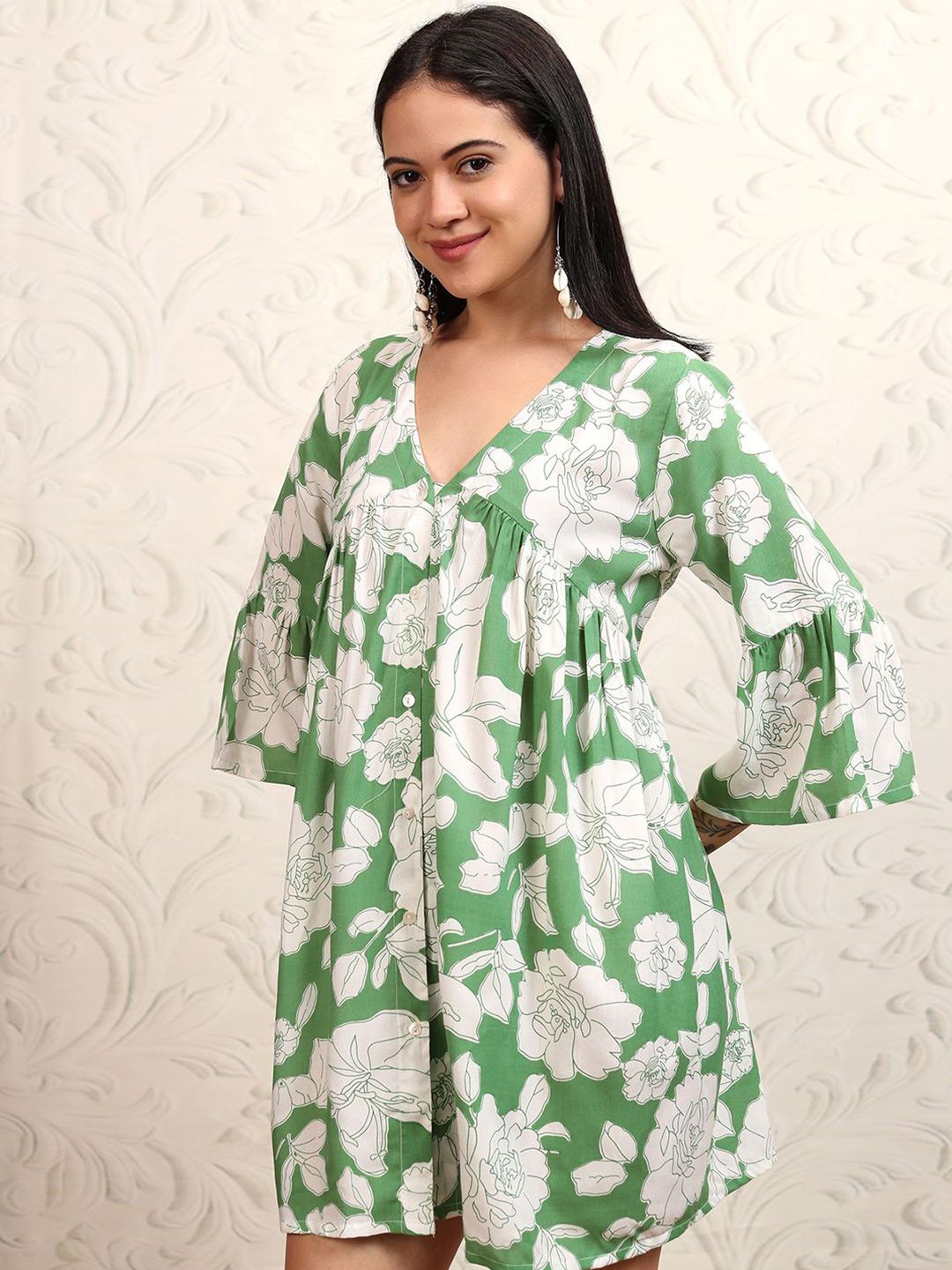 Vishudh Floral Print Flared Sleeve A-Line Dress