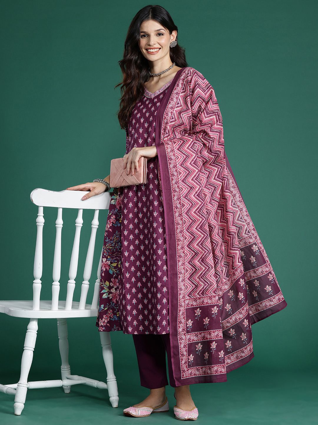 Indo Era Floral Printed Gotta Patti Pure Cotton Kurta With Trousers & Dupatta