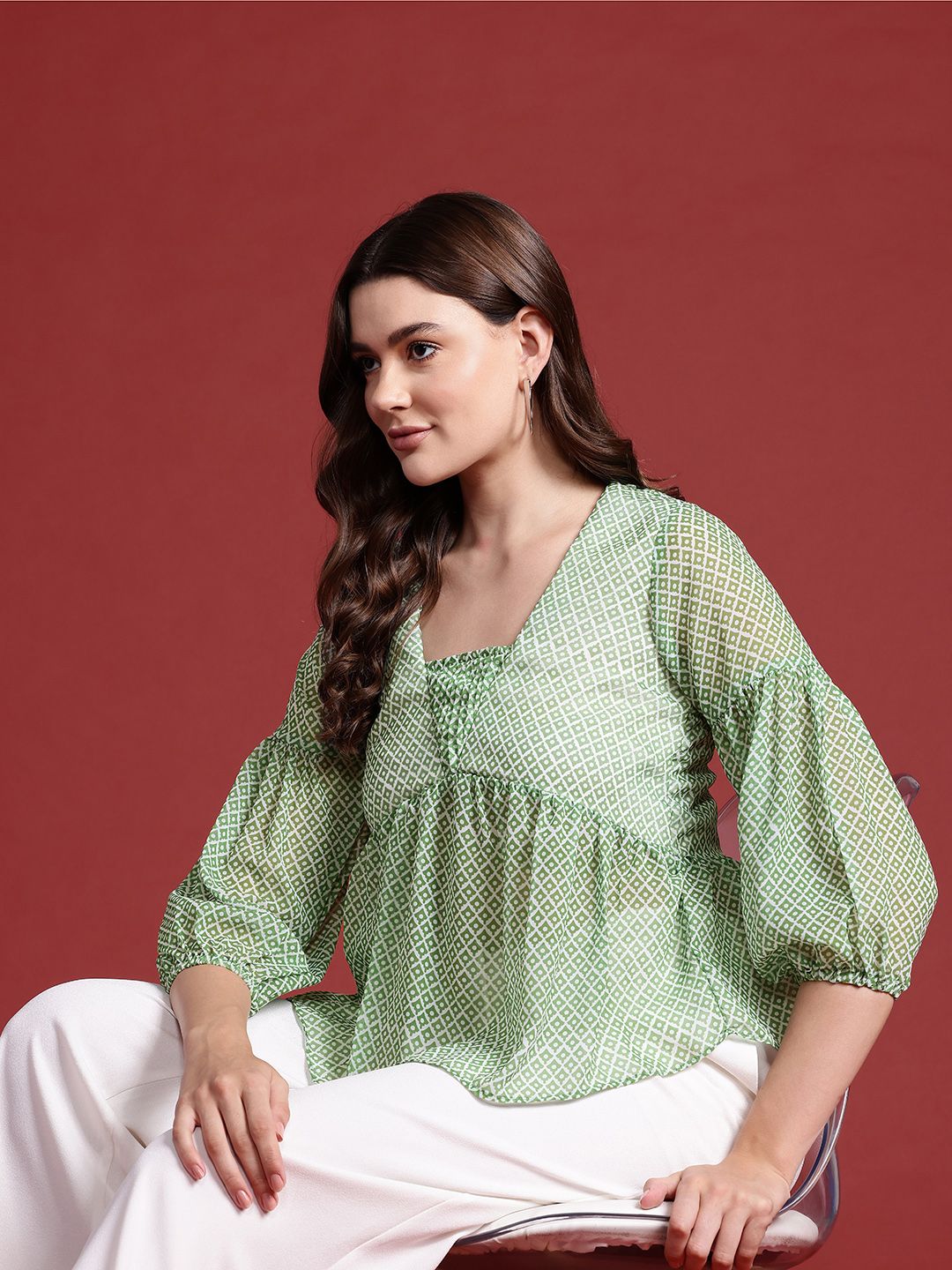 all about you Geometric Print Puff Sleeve Empire Top