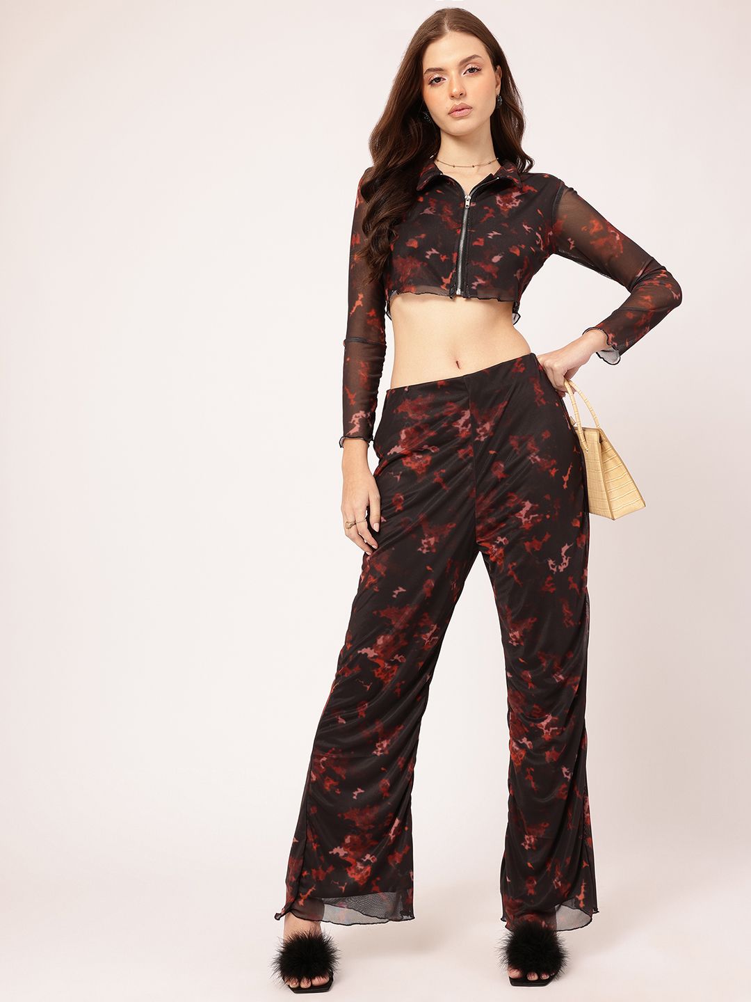 DressBerry 2000s Chic Printed Mesh Ruched Co-ords