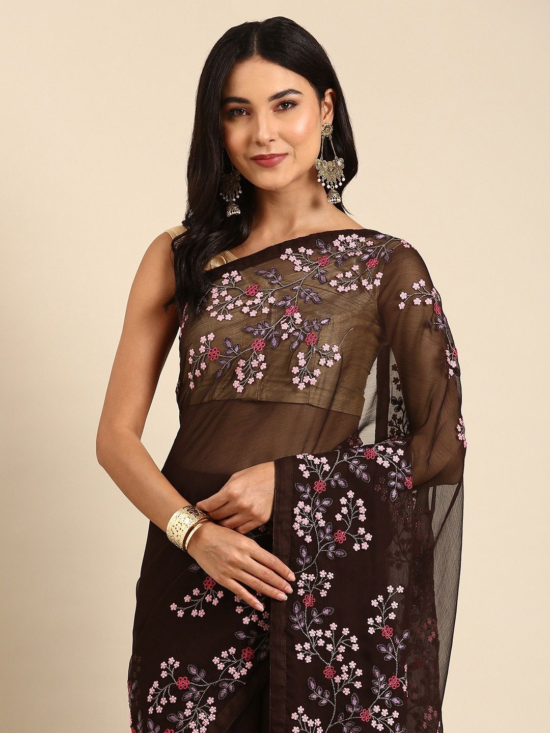 KALINI Floral Embroidered Pure Chiffon Saree