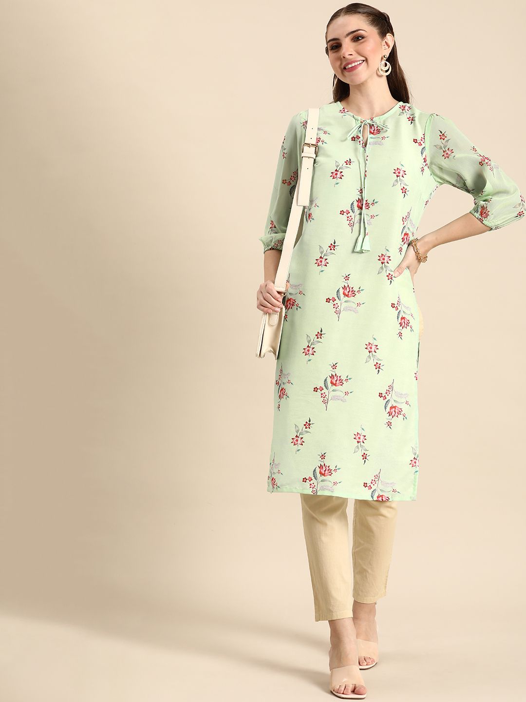 Anouk Floral Printed Tie-up Neck Kurta