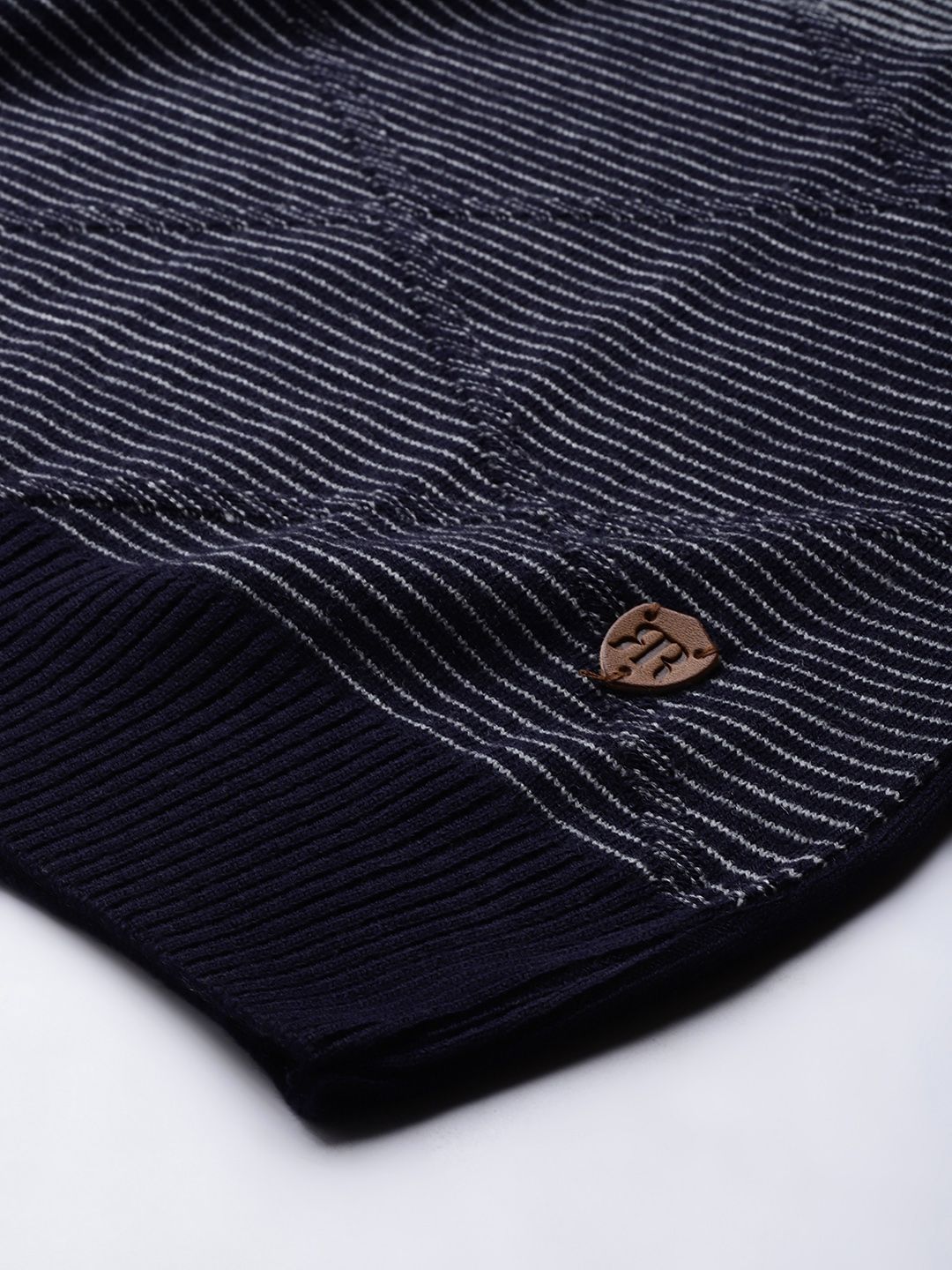 Raymond Men Navy Blue & Grey Striped Sweater