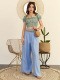 Berrylush Floral Print Square Neck Puff Sleeve Fitted Crop Top