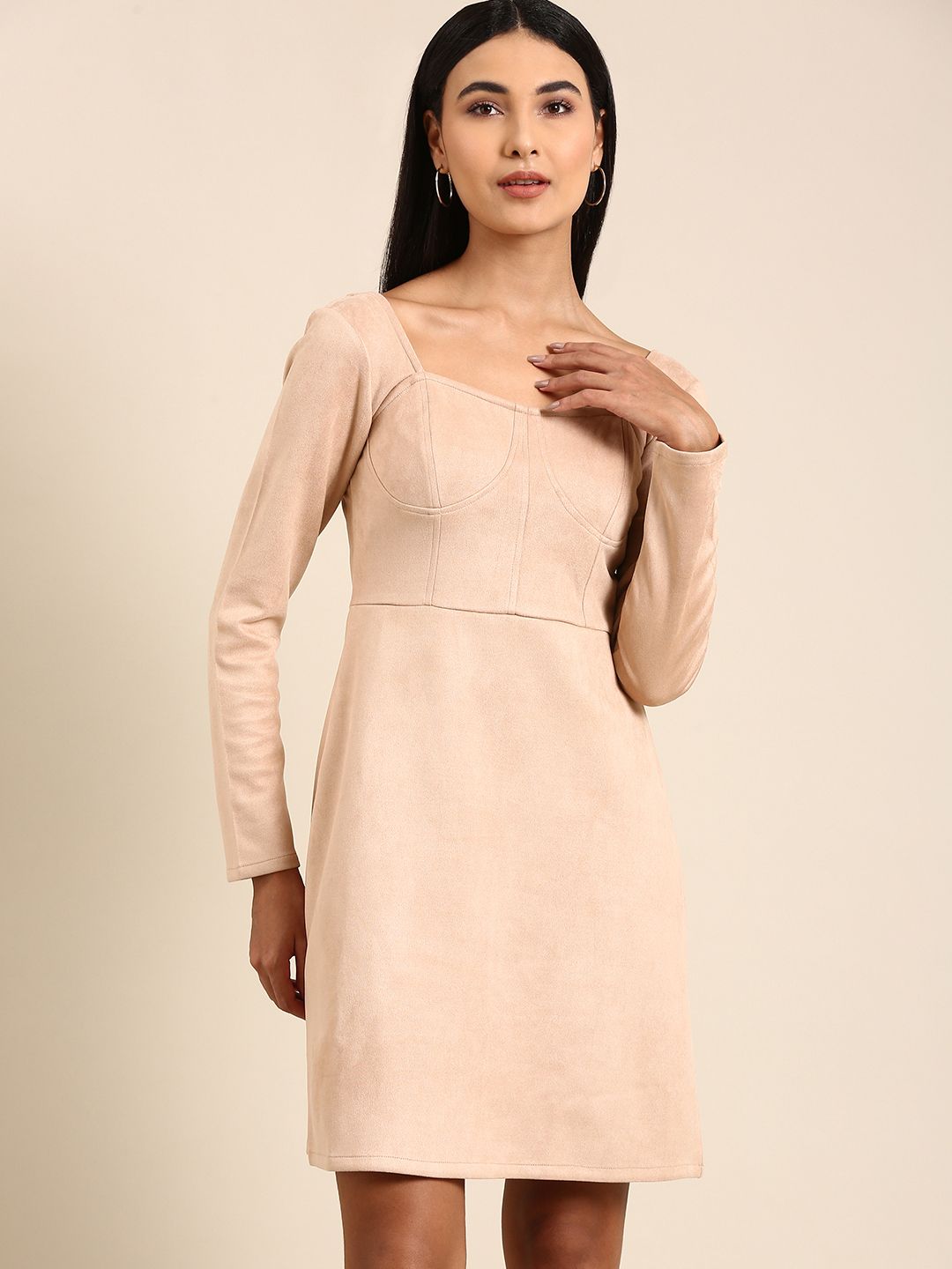 Athena Cream-Coloured Solid Above Knee A-Line Dress