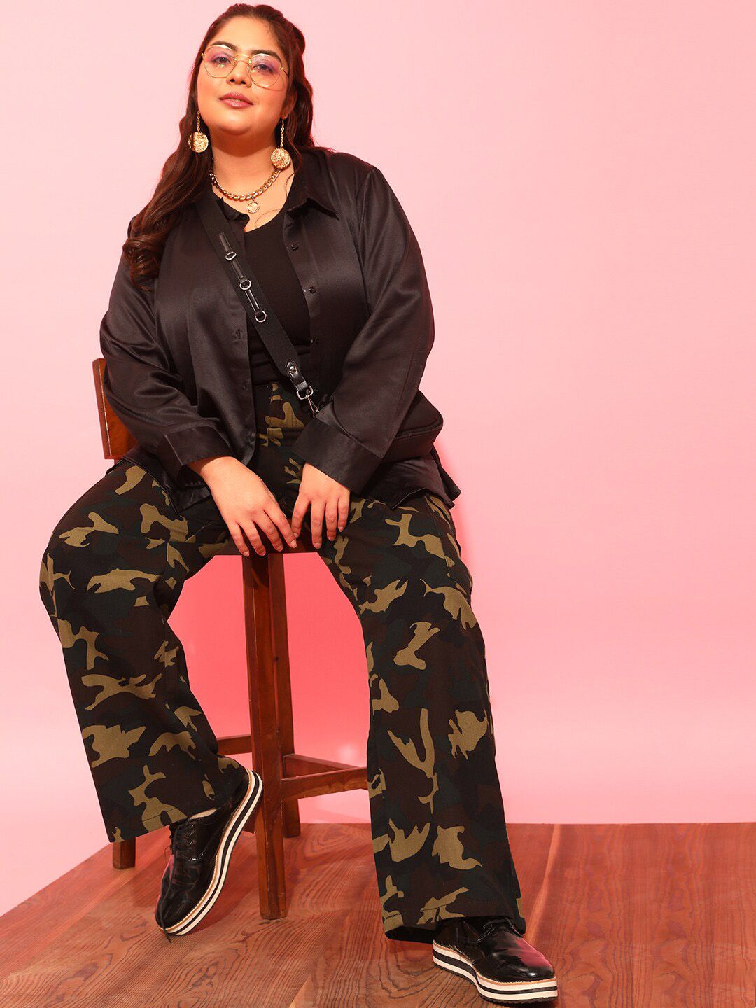 CURVY STREET Women Plus Size Olive Green Printed Relaxed Straight Leg Pure Cotton Trousers