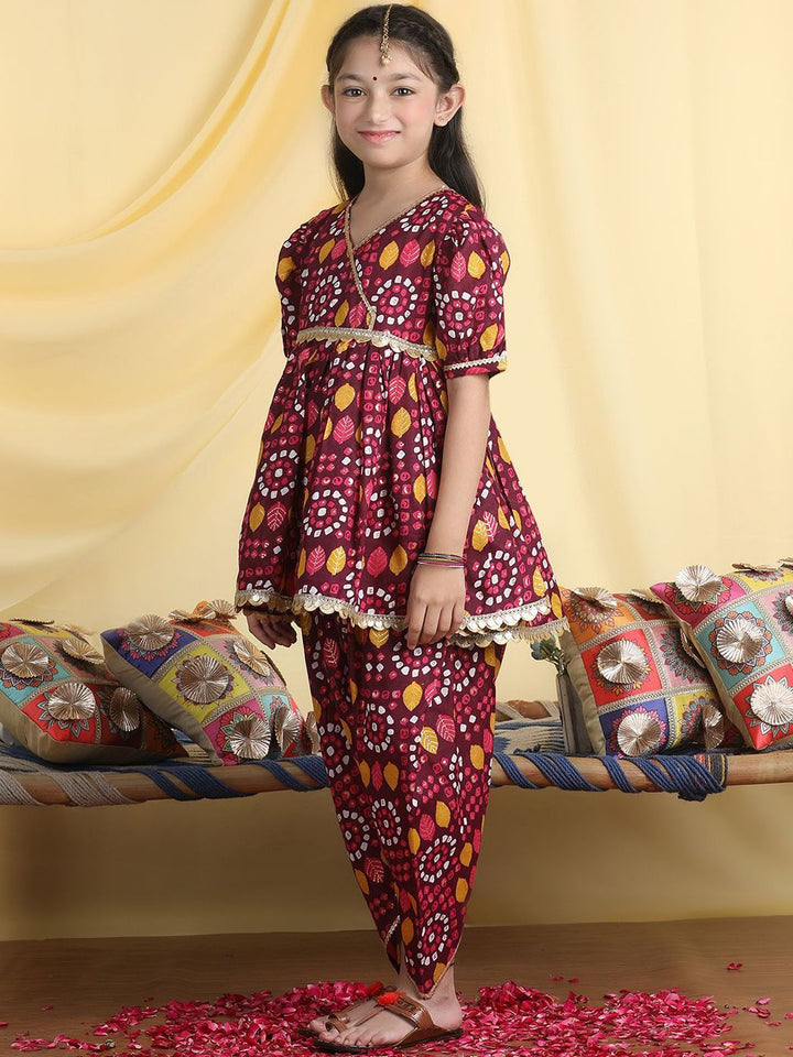 Cutiekins Girls Bandhani Printed Angrakha Gotta Patti Kurta with Dhoti Pants