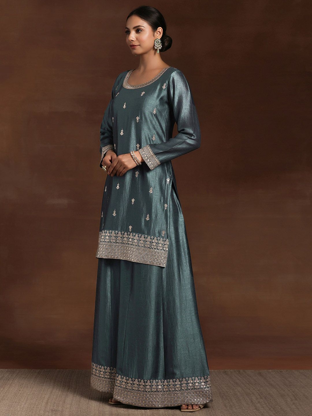 Libas Floral Embroidered Zari Kurta with Palazzos & With Dupatta