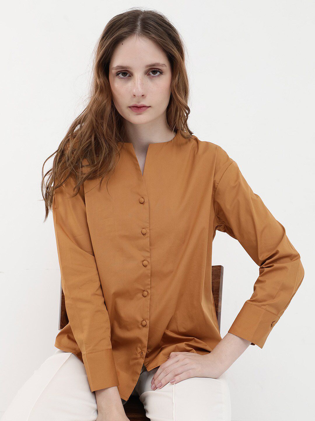 RAREISM Cotton Notched Neck Cuffed Sleeves Styled Back Casual Top