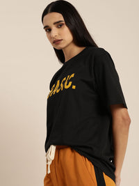 DILLINGER Women Black  Yellow  Printed Round Neck Oversized Pure Cotton T-shirt